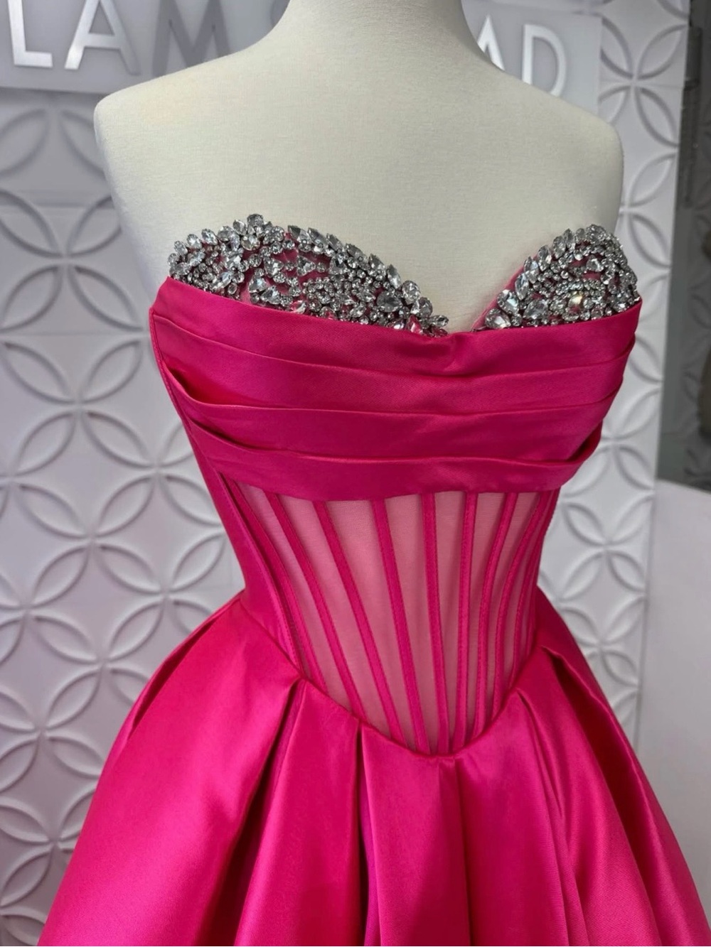 Portia and Scarlett Hot Pink Strapless Ball Gown with Crystal Bust